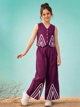 FASHION DREAM - Girls Embroidered Wine Co-Ord Set