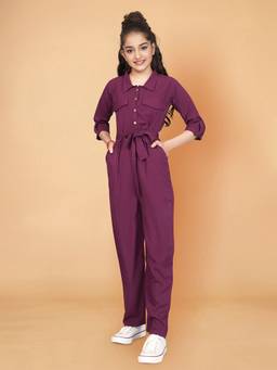 FASHION DREAM - Girls Solid/Plain Wine Jumpsuit With Belt