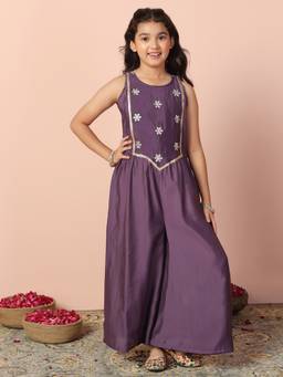 FASHION DREAM - Girls Embroidered Purple Jumpsuit