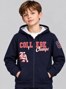 PLUM TREE - Boys Typography Navy Blue Hoodie