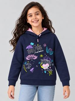 PLUM TREE - Girls Typography Navy Blue Hoodie