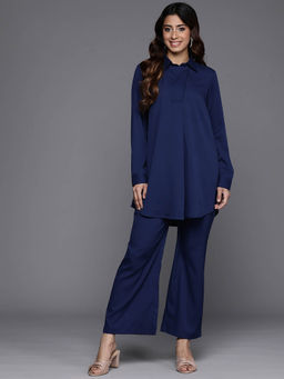 Varanga - Women Blue Shirt Collar Co-Ord (Set of 2)