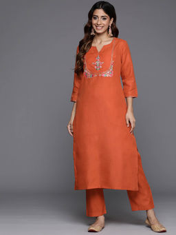 Varanga - Women Orange Thread and Zari Embroidered Kurta with Pants (Set of 2)