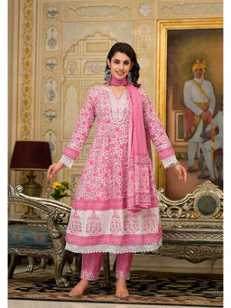 Varanga - Women Pink Floral Embroidered Anarkali Kurta with Pants Dupatta (Set of 3)