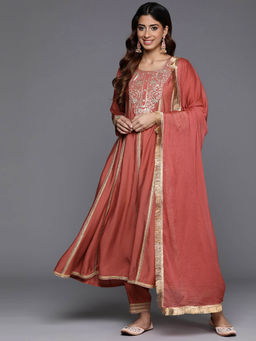 Varanga - Women Rust Zari and Sequins Embroidered Anarkali Kurta with Pants Dupatta (Set of 3)