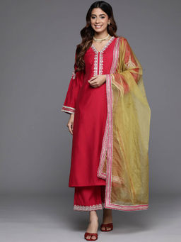 Varanga - Women Red Zari Embroidered Kurta with Pants and Dupatta (Set of 3)