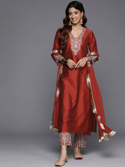 Varanga - Women Rust Thread and Sequins Embroidered Kurta with Pants Dupatta (Set of 3)