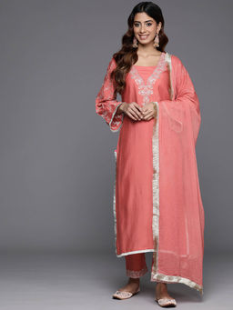 Varanga - Women Peach Zari Embroidered Kurta with Pants Dupatta (Set of 3)