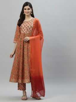 Stylum - Womens Floral Printed Cotton Anarkali Kurta Pant Dupatta (Set of 3)