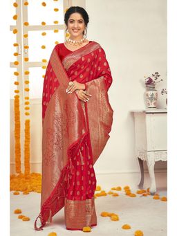Sangam Prints - Red Silk Woven Zari Work Traditional Tassel Saree with Unstitched Blouse