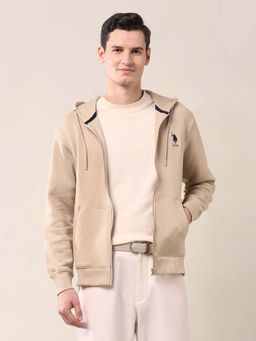 U.S. POLO ASSN. - Solid Beige Full Sleeves Hooded Sweatshirt