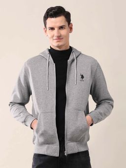 U.S. POLO ASSN. - Solid Grey Full Sleeves Hooded Sweatshirt