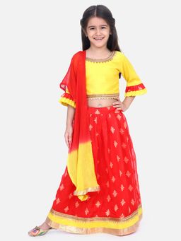 BownBee - Chiffon Brocade Lehenga Choli for Girls - Yellow (Set of 3)