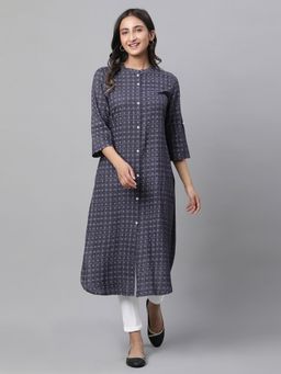 Aurelia - Women Grey Checks Three Fourth Sleeves Mandarin Neck Kurta