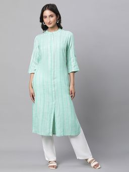 Aurelia - Women Green Stripes Three Fourth Sleeves Mandarin Neck Kurta