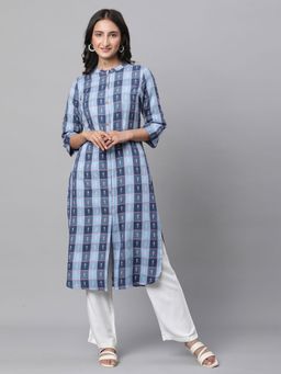 Aurelia - Women Blue Checks Three Fourth Sleeves Mandarin Neck Kurta