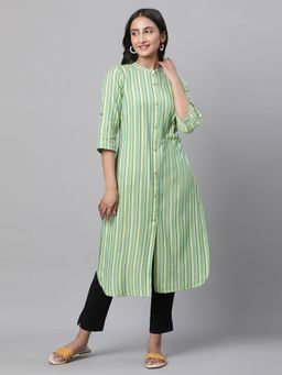Aurelia - Women Green Stripes Three Fourth Sleeves Mandarin Neck Kurta