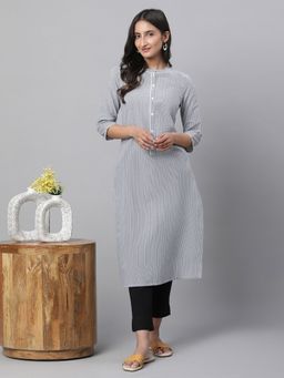 Aurelia - Women White Printed Three Fourth Sleeves Mandarin Neck Kurta