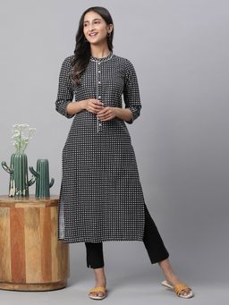 Aurelia - Women Black Checks Three Fourth Sleeves Mandarin Neck Kurta