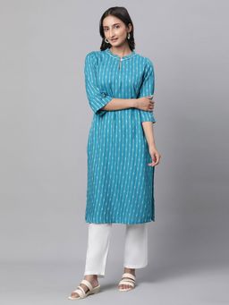 Aurelia - Women Blue Printed Three Fourth Sleeves Mandarin Neck Kurta
