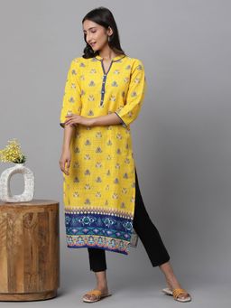 Aurelia - Women Yellow Printed Three Fourth Sleeves Mandarin Neck Kurta