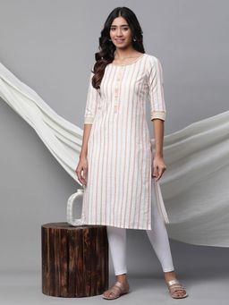 Aurelia - Women White Stripes Three Fourth Sleeves Round Neck Kurta