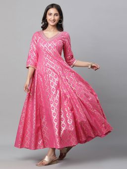 Aurelia - Women Pink Woven Three Fourth Sleeves V-Neck Maxi Dress