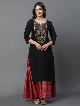 Aurelia - Women Black Embroidered Three Fourth Sleeves Round Neck Kurta