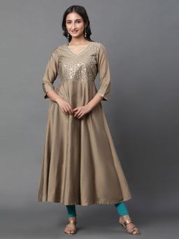 Aurelia - Women Gold Embroidered Three Fourth Sleeves V-Neck Anarkali Kurta