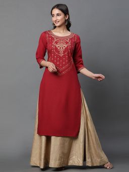 Aurelia - Women Red Printed Three Fourth Sleeves Round Neck Kurta