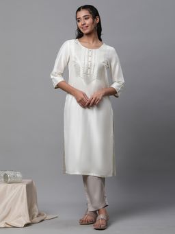 Aurelia - Women White Embroidered Three Fourth Sleeves Round Neck Kurta
