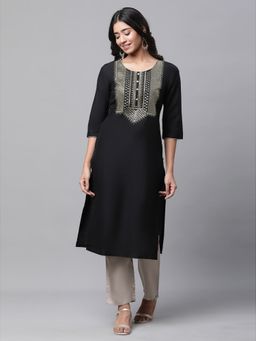 Aurelia - Women Black Embroidered Three Fourth Sleeves Round Neck Kurta