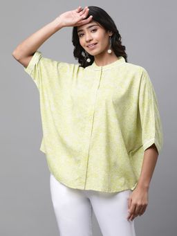 Aurelia - Women Green Printed Three Fourth Sleeves Mandarin Neck Top