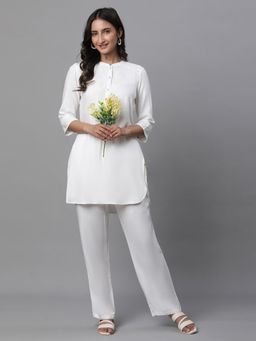 Aurelia - Women White Solid Three Fourth Sleeves Mandarin Neck Kurti
