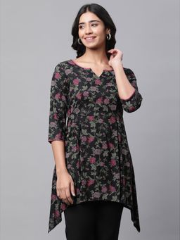 Aurelia - Women Black Floral Three Fourth Sleeves Round Neck Kurti