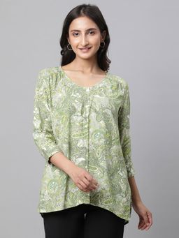 Aurelia - Women Green Paisley Three Fourth Sleeves V-Neck Top