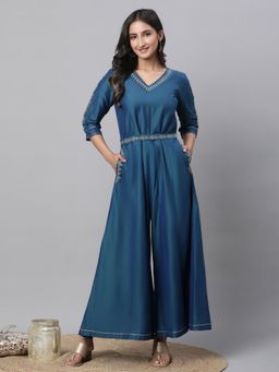 Aurelia - Women Teal Solid Three Fourth Sleeves V-Neck Jumpsuit (Set of 2)