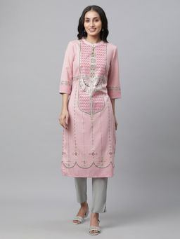 Aurelia - Women Pink Printed Three Fourth Sleeves Mandarin Neck Kurta