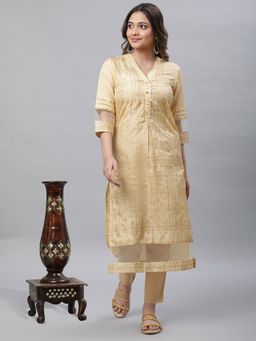 Aurelia - Women Gold Printed Three Fourth Sleeves V-Neck Kurta