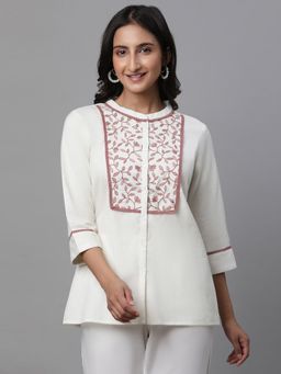 Aurelia - Women White Embroidered Three Fourth Sleeves Mandarin Neck Kurti