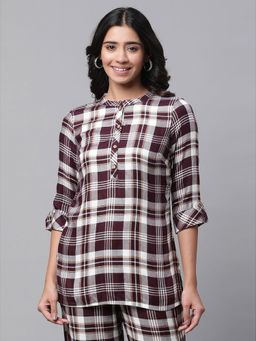 Aurelia - Women Maroon Checks Three Fourth Sleeves Mandarin Neck Kurti