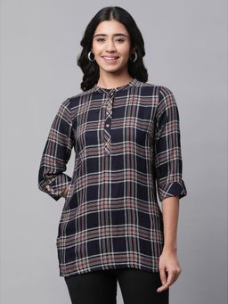Aurelia - Women Blue Checks Three Fourth Sleeves Mandarin Neck Kurti