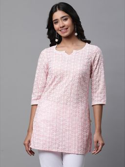 Aurelia - Women Pink Embroidered Three Fourth Sleeves Round Neck Kurti