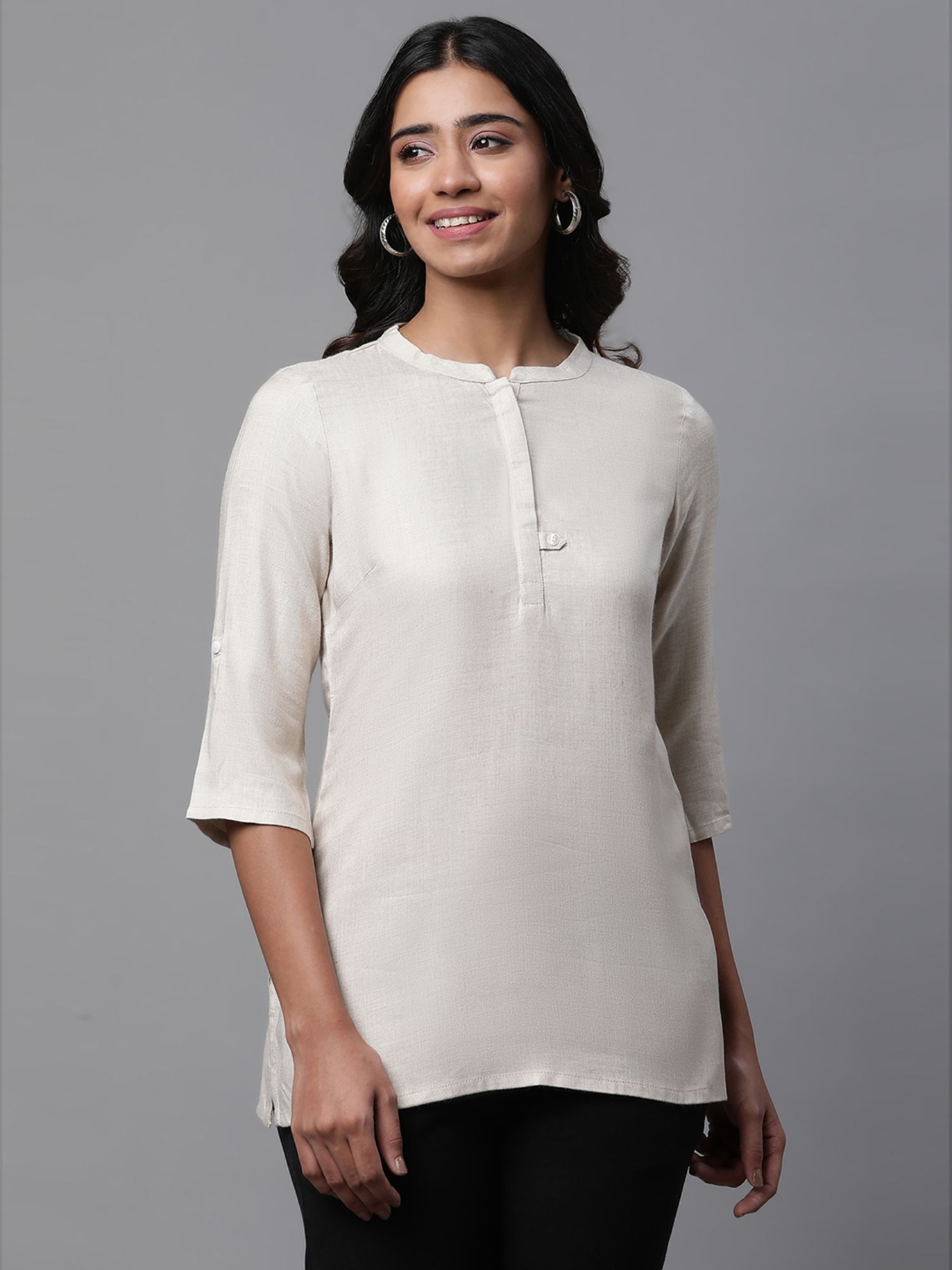 aurelia Women Beige Solid Three Fourth Sleeves Mandarin Neck Top-picture-13