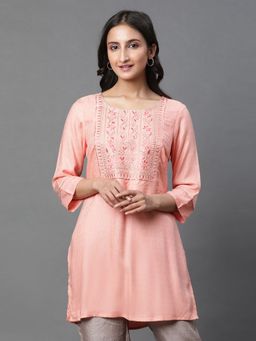 Aurelia - Women Peach Embroidered Three Fourth Sleeves Round Neck Kurti