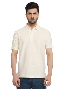 ColorPlus - Men White Textured Pure Cotton Polo T-Shirt