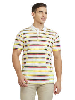 ColorPlus - Men White Stripes Pure Cotton Polo T-Shirt