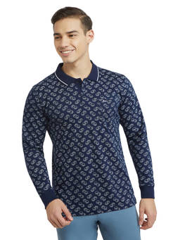 ColorPlus - Men Navy Blue Printed Pure Cotton Polo T-Shirt
