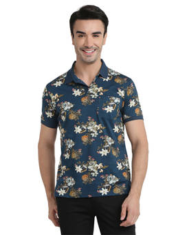 ColorPlus - Men Navy Blue Printed Pure Cotton Polo T-Shirt