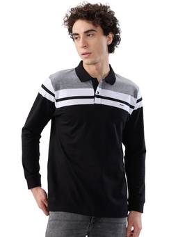 ColorPlus - Men Black Stripes Pure Cotton Polo T-Shirt